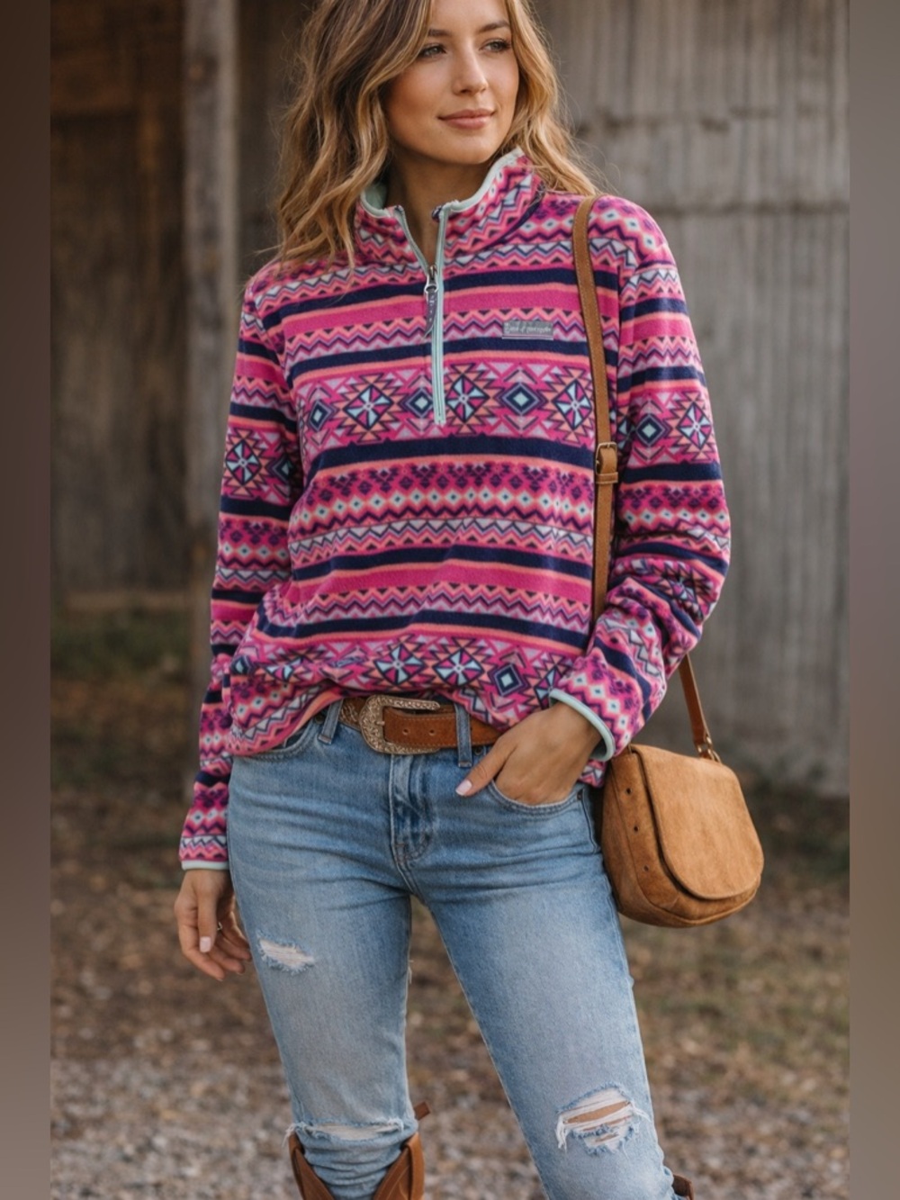 Love & Pineapples Aztec Fleece Pullover Pink Western Cozy size M